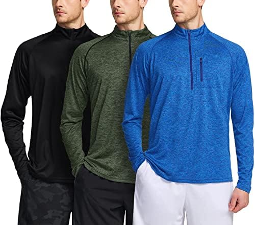 Athlio 3 Pack Men's Long Sleeve Athletic camisas - Rápido seco, proteção solar UV e 1/4 de pulôver com tampas de corrida para externo