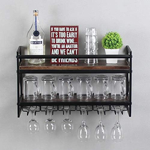 MBQQ Rack de vidro Rack de vidro, prateleira industrial de madeira de 2 camadas, prateleiras de vinho montadas na parede de 24 polegadas com 6 copos para copos de vinho, canecas, decoração de casa, retro preto