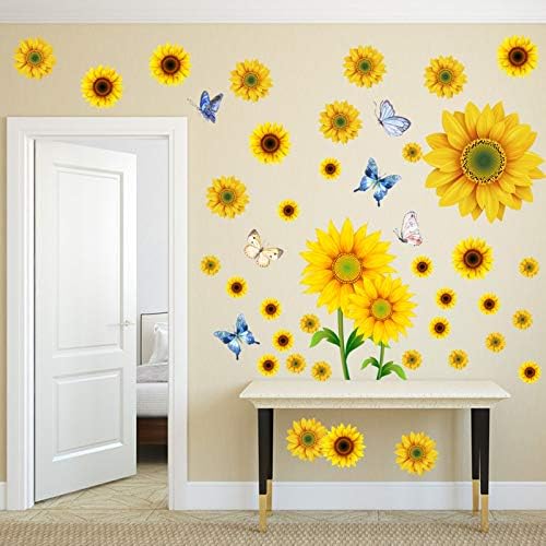 Adesivos de parede de girassol com adesivo de parede de borboleta 3D, adesivos de parede metálicos de borboleta 3D Gold 3D, decalques de parede de flor amarela removíveis mural de decoração de girassol, para berçário para crianças garotas da sala de estar da sala de estar decoração da cozin