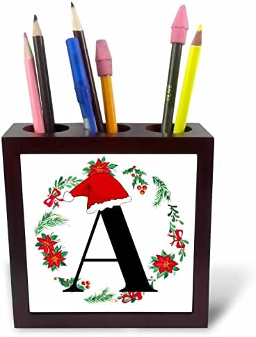 3drose um monograma de Natal Inicial com chapéu de Papai Noel e grinaldas - portadores de caneta de telha