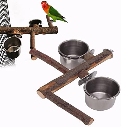 Bird Bird Bird Pássaro alimentação de prato copo Tigela de aço inoxidável com bobo de madeira poleiro para pertences de periquito periquitos e papagaio