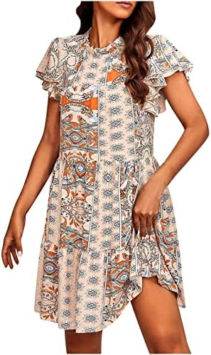 Vestido de verão de 2023 feminino Bohemian Floral Prifd Ruffle Layered Mini vestido de férias de férias casuais vestidos