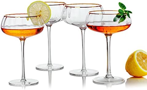 Lysenn Vintage Coupe Glasses Conjunto de 4 - Copos de martini de ouro soprados à mão - Para o seu próximo coquetel e festa de champanhe - 9fl Oz