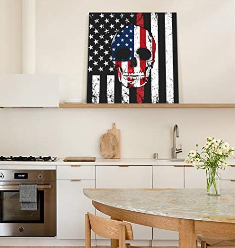 Axmsyun Skull American Bandeira Americana Pintura a óleo Canvas preta Branca emoldurada na arte da parede para sala de estar/quarto/sala de jantar decoração em casa, pronta para pendurar -8x8 polegadas