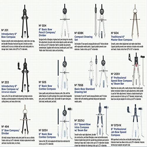 Alvin 505V BASIC -BOW Combination Compass com barra de feixe, ideal para geometria e engenharia, ferramenta de desenho e arquitetura - 6 polegadas