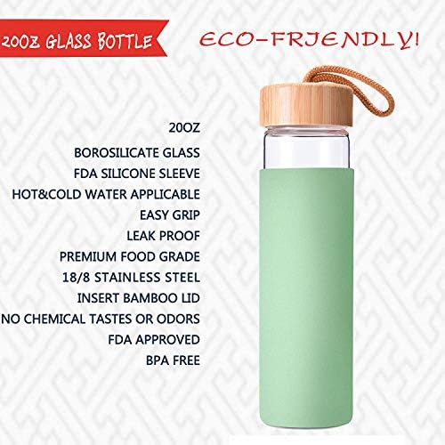 Garrafa de água de vidro de borossilicato de 20 onças de 20 onças com tampa de bambu e manga de silicone - BPA reutilizável -
