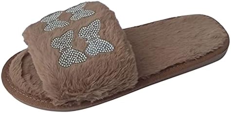 Flippers para mulheres interiores, peluda para fora do ar livre, mantenha um sinistro de strass de arco no inverno aberto de inverno aberto house chinels sandálias