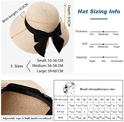 Comhats feminino floppy sun sun praia chapéu de palha upf50 abrangente abrangente 55-60cm