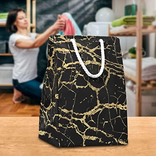 Poeticcity Golden Marble Textura dourada Print Black Round Storage Bina de cesta, organizador de viveiro de bebês com alças para roupas de brinquedos, cesto de lavanderia à prova d'água de balde dobrável grande