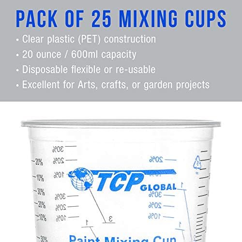 TCP Global de 20 onças de 20 onças Flexível Clear Clear Graduado Copos de mistura - caixa de 25 xícaras e 25 palitos de mistura