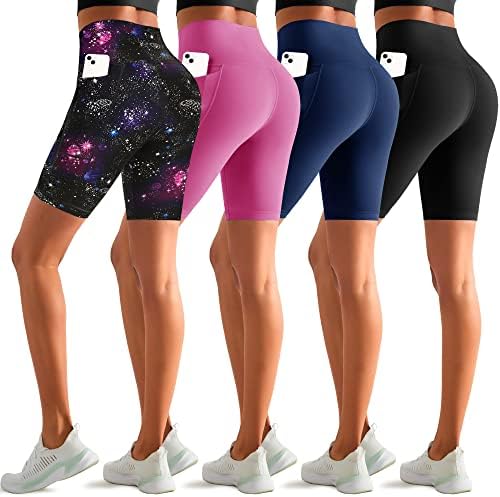 ICEROSE 4 Pack Biker Shorts Mulheres com bolsos, shorts de treino preto de 8 de cintura alta para ginástica em execução