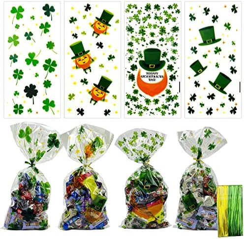 160 peças Sacos de tratamento de celofane do dia de St. Patrick, Irish Lucky Shamrock Sacos de doces de plástico de boa