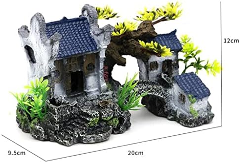 Modelo de simulação de resina Zhuhw Modelo de aquário Decoração de aquário Paisagem Ornamento de dois andares Casa de pedra da ponte de simulação de dois andares