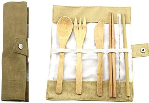 UNILUNCKKY 7 PCS Calhas de bambu utensílios de viagem Falhe de talheres portáteis com estojo, faca, garfo, colher, pauzinhos,