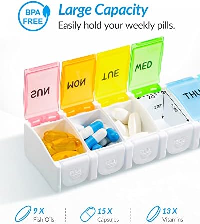Zikee Weekly Pill Organizer Artrite amigável com design carregado de mola, caixa de comprimidos portátil de 7 dias