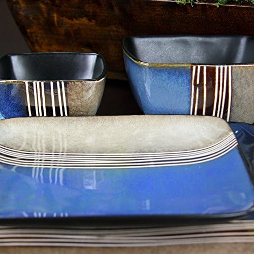 Conjunto de pratos de utensílios de utensílios de coleta de loft de Elama Square, 16 peças, azul e bronzeado com detalhes
