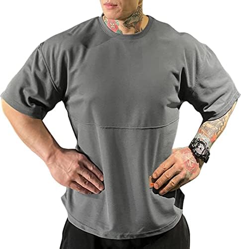 Camiseta masculina suor de suor rápido seco solto aprimorável uv cortado pescoço redondo cola curta tripulação grande esportes de silhueta
