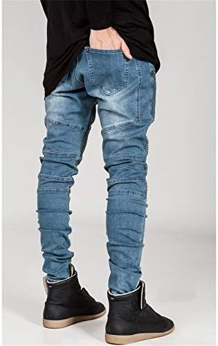 Andongnywell Motocicleta Slim Fit Pleated Leggings Leggings elásticas calças de jeans com zíper para o bolso