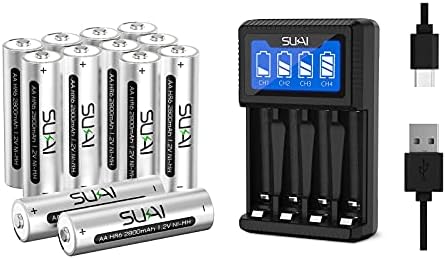 Sukai 4 Bay Battery Charger AA AAA com baterias AA recarregáveis, baterias de 1,2V Ni-MH AA e carregador de bateria com