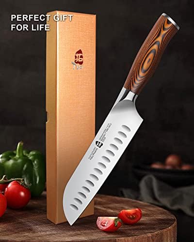 Faca Tuo Santoku - Faca de cozinha de 7 polegadas de cozinha, faca de chef de aço inoxidável de alto carbono, maçaneta ergonômica Pakkawood, caixa de presente - Série Fiery Phoenix