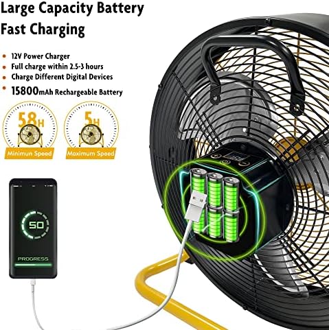Ventilador de bateria MOCIFI Operado por bateria de 12 velocidades de 12 velocidades de piso de piso de alta velocidade portátil fã externo sem fio, saída USB para telefone, para camping, viagens, pátio, interno, amarelo, 12 polegadas