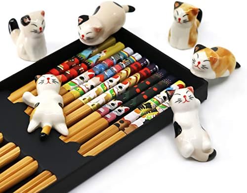 Naihey 5 pares pauzinhos e pauzinhos de pauzinho, 6 gatos de sorte fofos, clássico de estilo japonês e lava -louças e lava -louças de bambu natural reutilizável, conjuntos de presentes clássicos