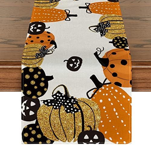 Modo Artóide Halloween Jack-O-Lantern Pumpkin Table Runner, Decoração de mesa de jantar de cozinha de férias para decoração de festa