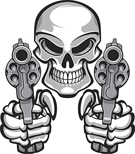 Gangster violento e raivoso com dois desenhos animados de pistolas - adesivo de vinil de crânio em preto e branco