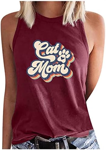 Tanque de dia das mães Tops Mulheres 2023 fofas Camisetas de gato engraçado Camisas de pescoço alto Camisa sem mangas Blusa Casual