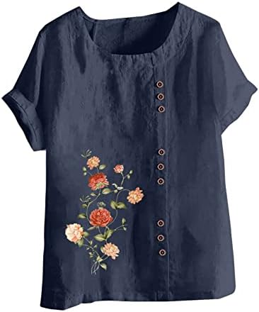 Tops de linho de algodão de grandes dimensões para mulheres com estampa floral moderna Camisetas de manga curta Camisetas de