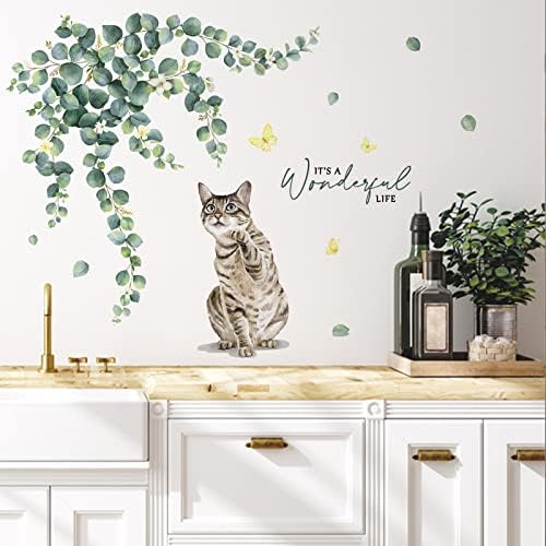 Adesivos de decalques de parede de gato yovkky, eucalipto deixa a decoração de berçário neutro de gatinho gatinho, é uma maravilhosa
