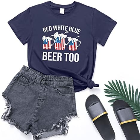 Camisa de natação para mulheres de manga curta engraçada Red Branca azul de cerveja Camise