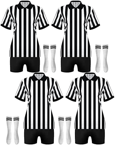 Taiyin 4 sets femininos de árbitros de árbitros conjuntos de figurinos femininos de camisa de árbitro de árbitros de listras brancas camisa clássica Jersey Socks Short Long para futebol Basketball Halloween Cosplay Party Party