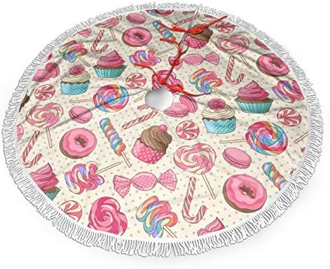 Colorido doce pirulito candy macaroon cupcake donut saia de árvore de natal com borla, capa de base de tapete de árvore de Natal