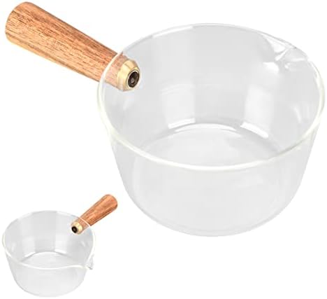 Heimp Clear Glass Pot Milk Pan com maçaneta de madeira Vidro da panela de vidro Copo medindo jarra espumante para panelas de