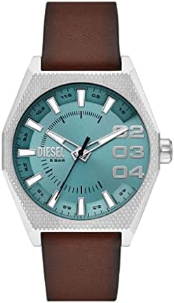 Diesel Masculino de 43 mm de quartzo em aço inoxidável e relógio de três mãos de couro, cor: prata, marrom