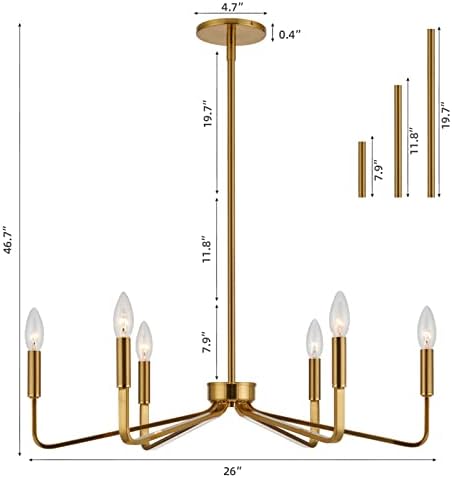 Luminária de lustre de ouro Jonsi, 26 polegadas, 6 luminárias de sala de jantar sobre mesa, lustres de latão para sala de jantar,