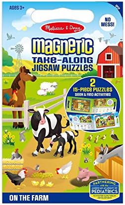 Melissa e Doug Take -Along Magnetic Jigsaw Puzzles Trinário de viagens na fazenda - Placa portátil, buscando e encontre