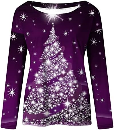 T-shirt de Natal feminina Blusa gráfica brilhante Casual 3/4 de manga longa o pescoço camisas de pulôver de moda de pescoço