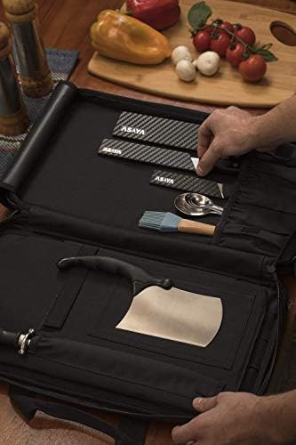 Bolsa de faca de chef de Asaya - 28 bolsos para facas e utensílios de cozinha - nylon balístico durável, hardware de aço inoxidável preto, suporte de cartão e alça de ombro ajustável - facas não incluídas