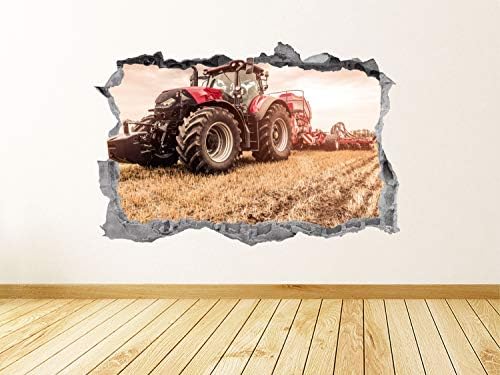 Arte da parede do trator Smashed 3D Farm Farm Red Tractor adesivo de parede Mural Poster Kids Room Decoração de parede Presente Up405