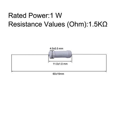 UXCELL 100pcs 1,5k ohm resistor, 1W 5% Tolerância resistores de filmes de óxido de metal, chumbo axial, prova de chama para projetos eletrônicos e experimentos eletrônicos de bricolage