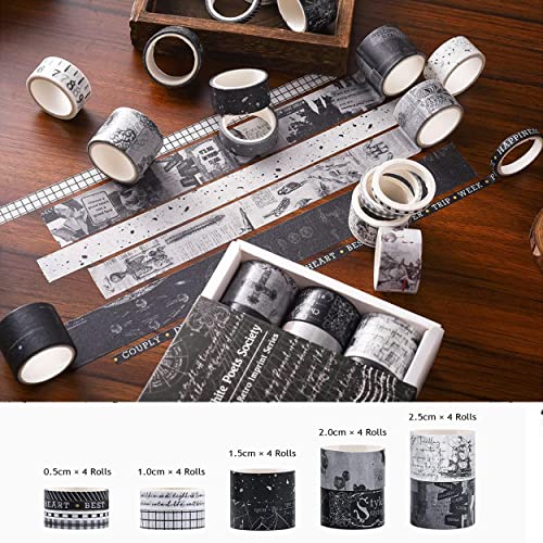 Loving Basso Vintage Washi Fita Conjunto 20 rolos, fita washi decorativa em preto e branco para suprimentos de scrapbooking, jornal