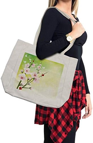 Bolsa de compras de Ladybugs de Ambesonne, flores florescendo no campo e joaninhas de ladras de folhas japonesas gráficos