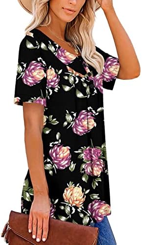 Tops estampados florais femininos de manga curta V camisa de túnica de pescoço plissado Blusa de blusa flowy top de verão