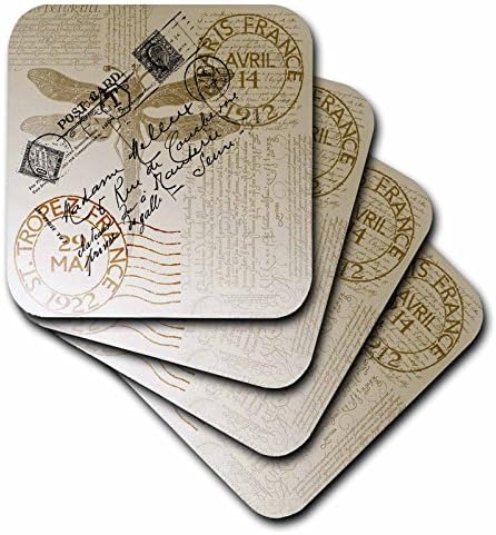 3drose CST_79319_1 Dragonfly Vintage Frencht Cards Sof -Coasters, conjunto de 4