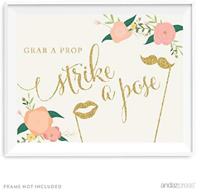 Andaz Press Sinais de festa de casamento, Glitter Gold Faux com Flores Florais de Coral de Pêssego, 8,5x11 polegadas,
