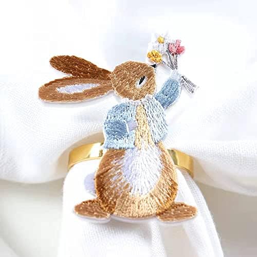 MJSUSIDI NACKING RINGS DE 6, BUNNY NACKIN RINGS Bordados Rabbit Metal Madeira Handmade Rings Rings Bunny Supplies Serviette