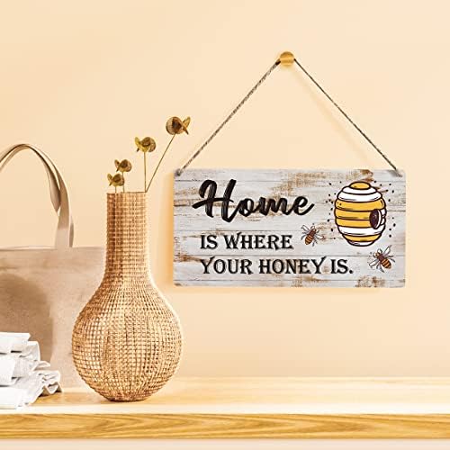 Bee Sign Farmhouse Home é onde o seu mel é de madeira pendurada, sinal rústico decoração de arte de parede retro decoração de escritório 12 x 6 polegadas