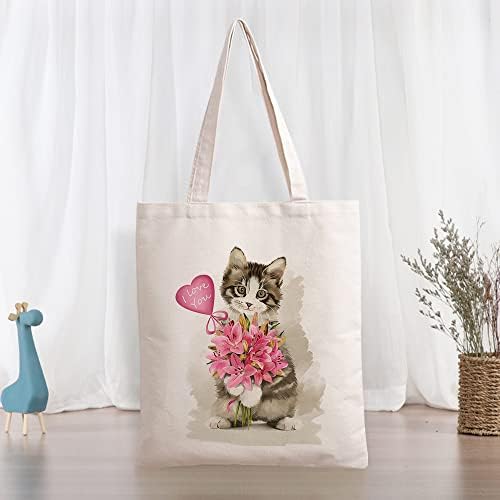 Bolsa de ombro de moda de linho de gatos de animais para mulheres meninas ， bolsa branca 30x40cm